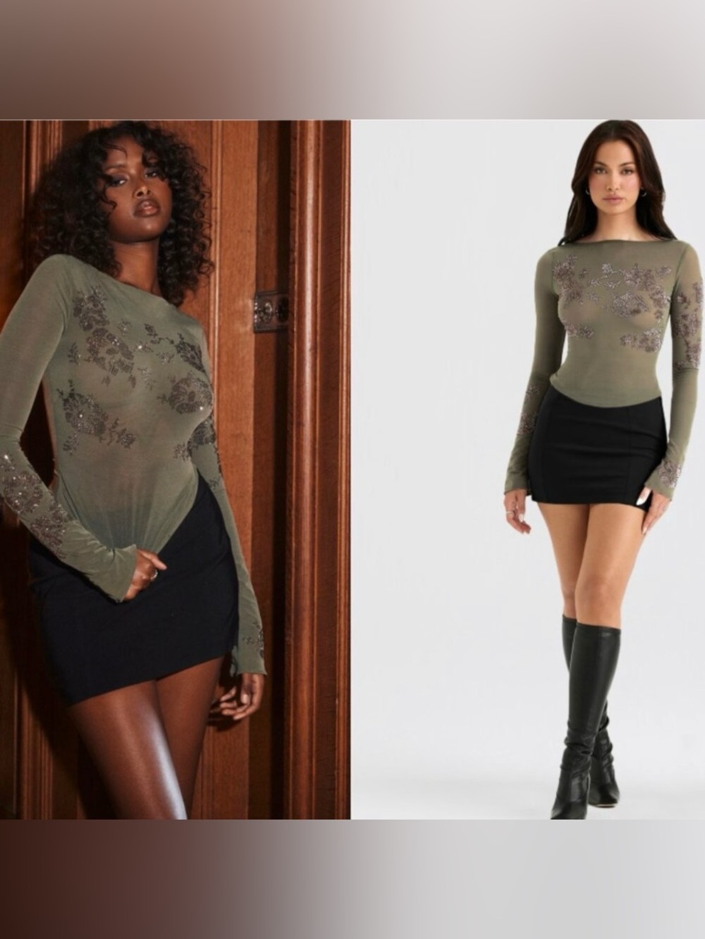 House of CB Angelique olive green sheer crystallized top Long-Sleeve - Picture 3 of 10
